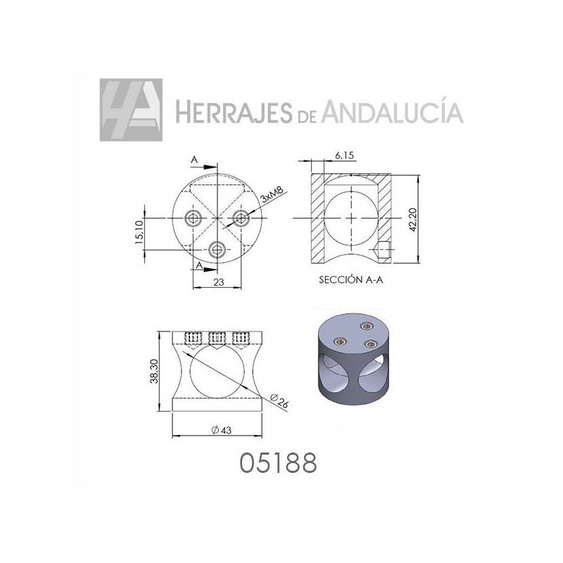 Nudo conector tubo T WPF3 inoxidable 304 | Herrajes de Andalucía