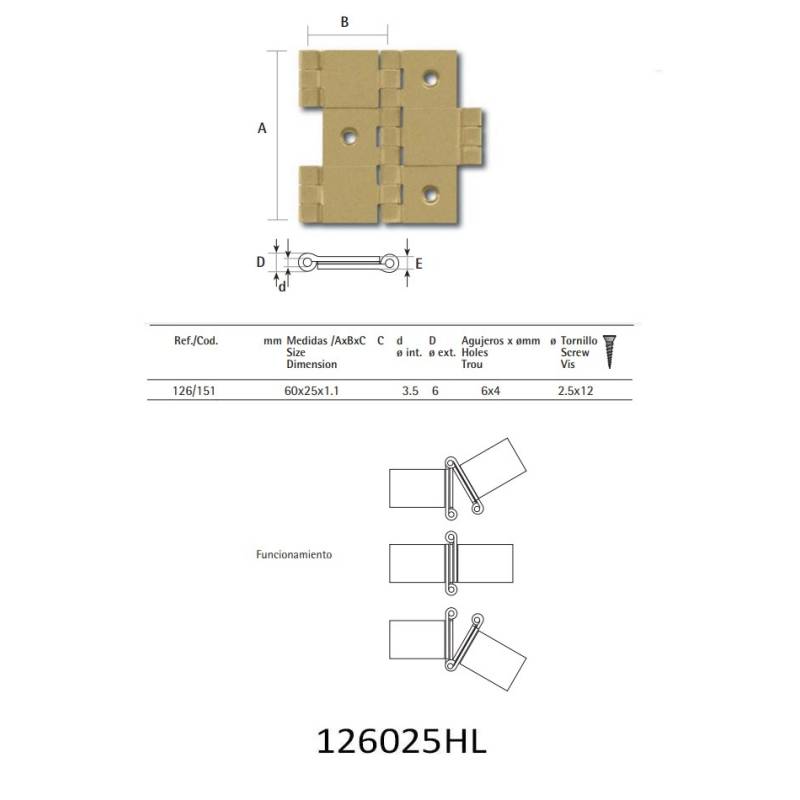 Bisagra para biombo 25x60 mm hierro latonado – Herrajes de Andalucía