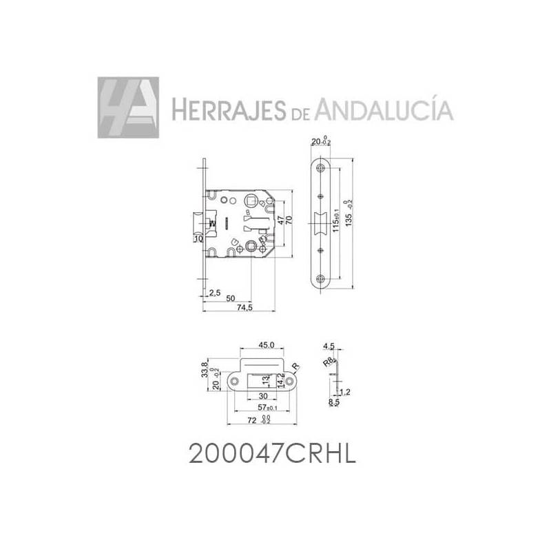 Medidas-Picaporte unificado de canto redondo Marca BYP-Herrajes de Andalucía