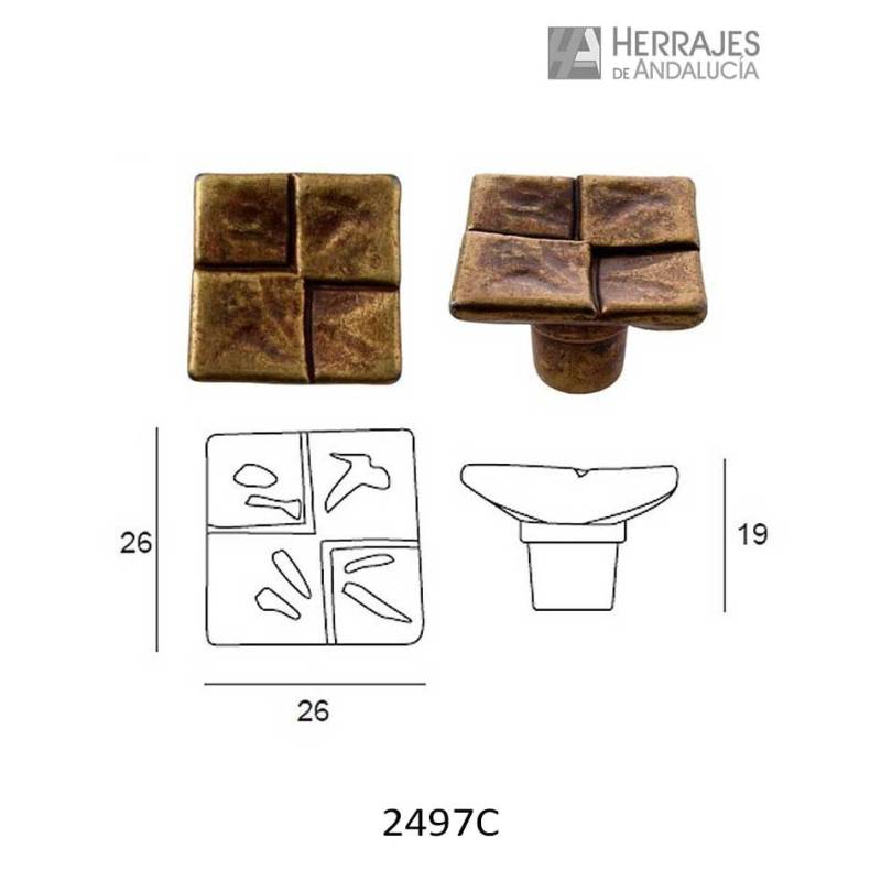 Pomo Cuadrados Relieve 26x26 mm Cuero Mate | Herrajes de Andalucía