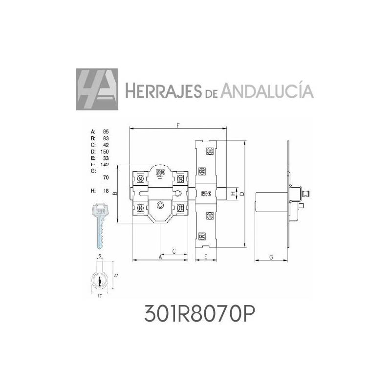 Cerrojo Pintado FAC 301R/80 Bombillo 70 mm Llave-Botón | Herrajes de Andalucía