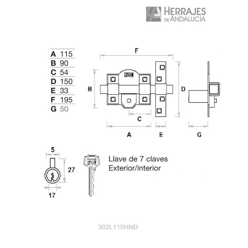Cerrojo FAC 302L/115 derecha niquelado | Herrajes de Andalucía