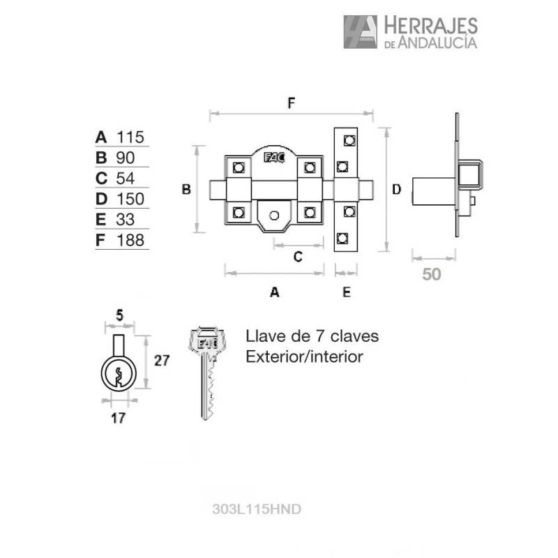 Cerrojo FAC 303L/115 izquierda niquelado | Herrajes de Andalucía