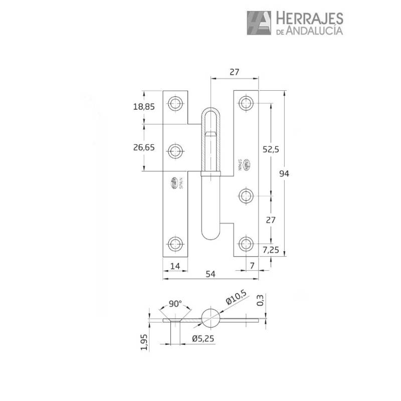 Pernio Modelo 403 Derecho 95 mm Latonado | Herrajes de Andalucía