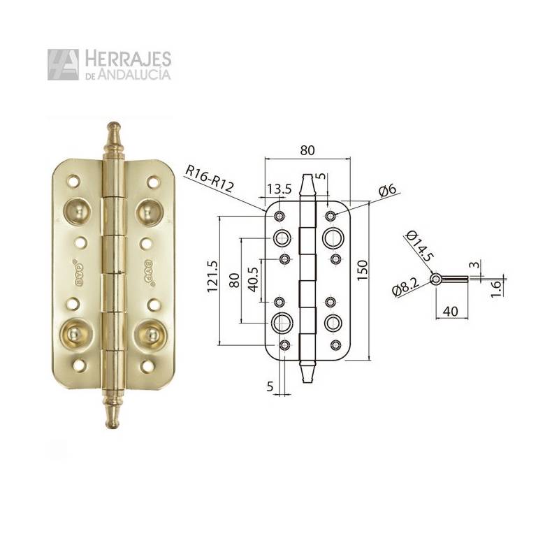 Bisagra Seguridad R16 Dorada para Puertas | Herrajes de Andalucía