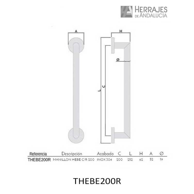 Manillón Hebe con rosetas de acero inoxidable 200 mm | Herrajes de Andalucía