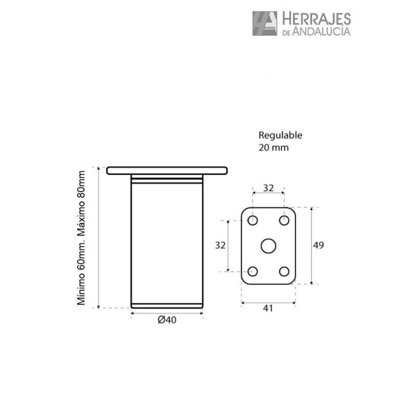 Pata aluminio redonda Ø40 mm altura 60 mm | Herrajes de Andalucía
