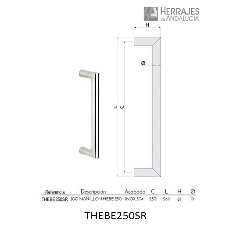 Manillón Hebe 250 acero inoxidable sin rosetas-Herrajes de Andalucía