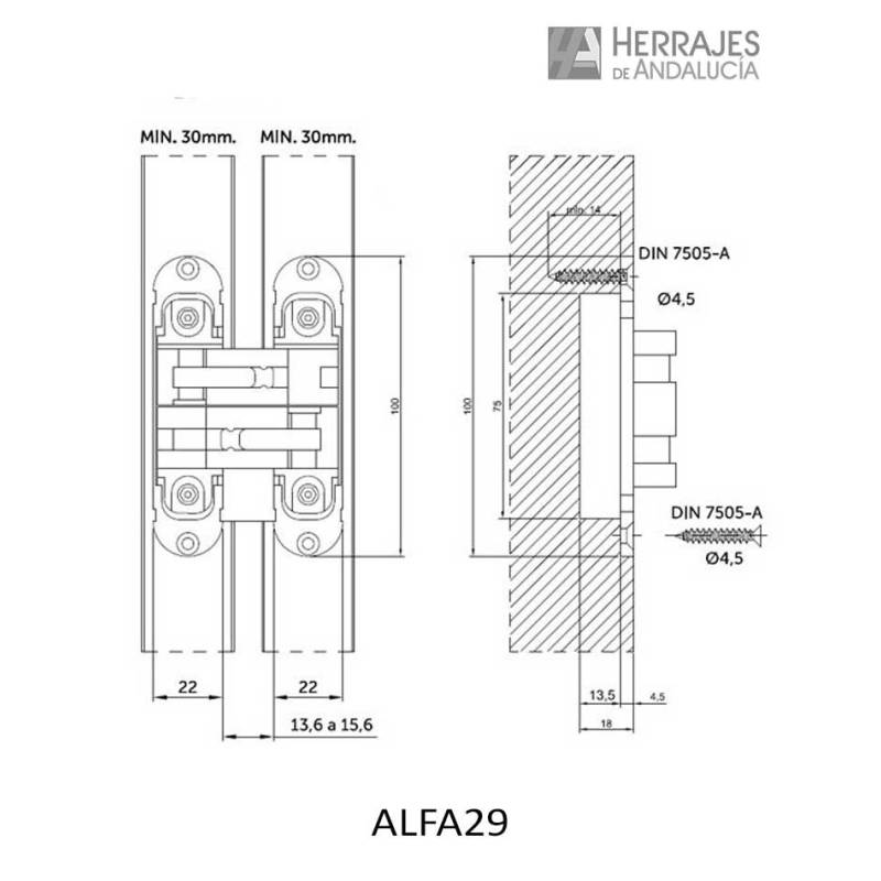 Medidas Bisagra oculta reversible Alfa 29-Herrajes de Andalucía