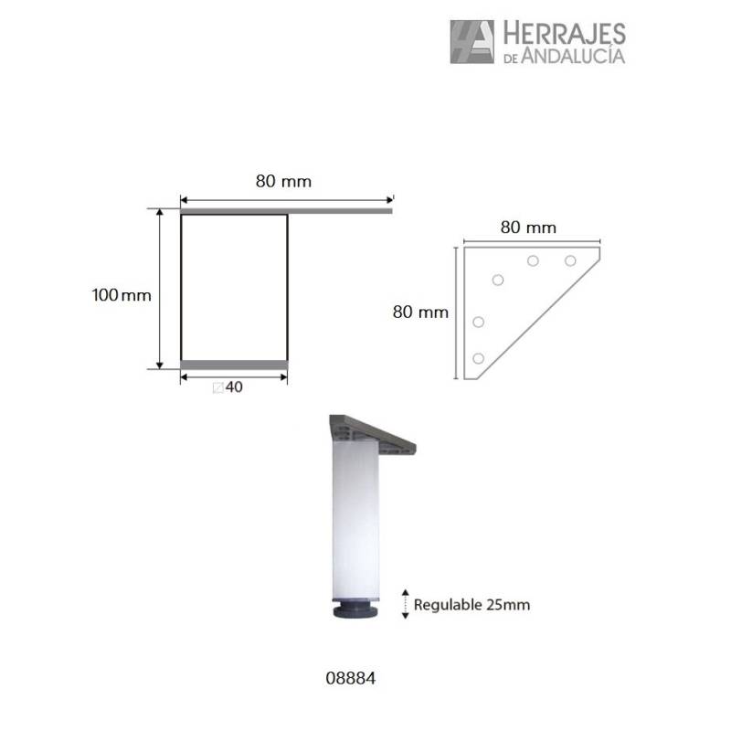 Pata cuadrada aluminio 100 mm regulable – Herrajes de Andalucía