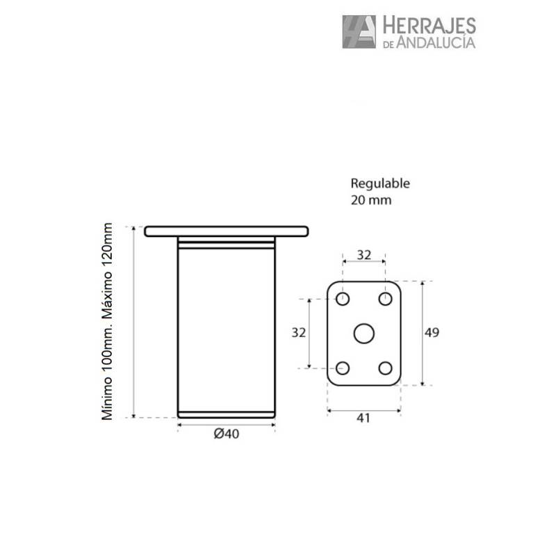 Pata aluminio redonda Ø40 mm altura 100 mm | Herrajes de Andalucía