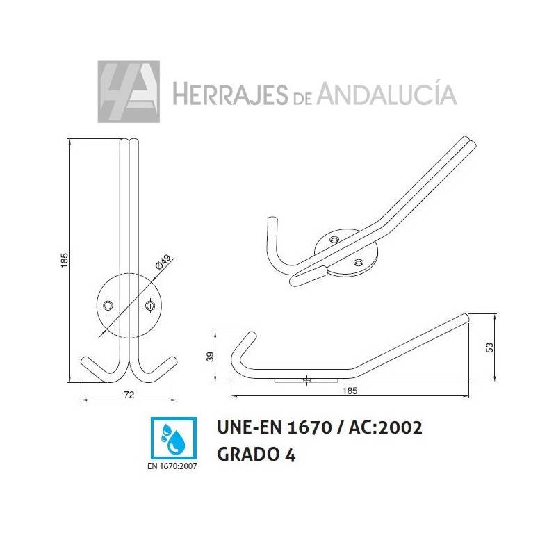 Percha 2 ganchos cabina sanitaria Inoxidable 185mm Ø49mm | Herrajes de Andalucía
