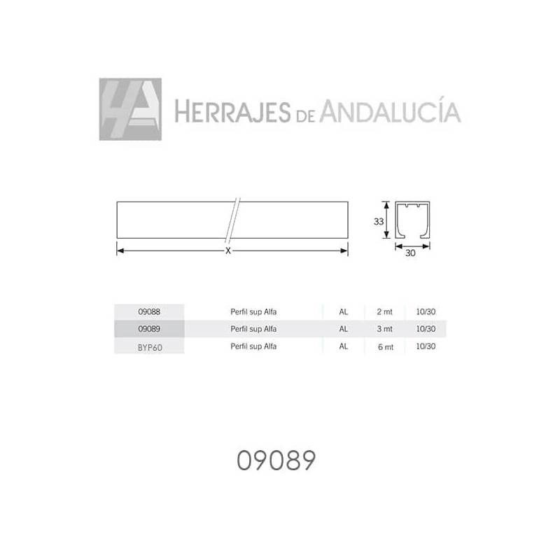 Perfil superior de aluminio Alfa12 de 3 metros de 60kg hasta 80kg.