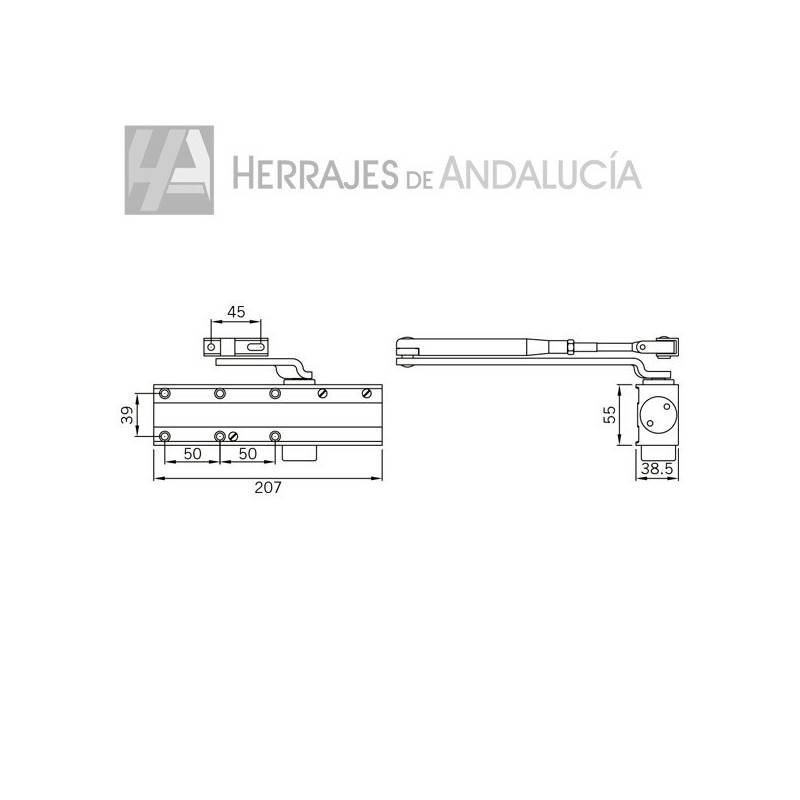 Cierrapuertas con retenedor piñón-cremallera brazo 2-4 color plata | Herrajes de Andalucía