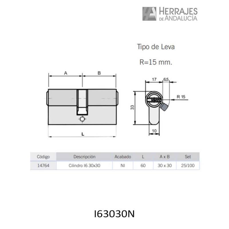 Medidas-Cilindro seguridad i6Plus 30x30mm níquel-Herrajes de Andalucía