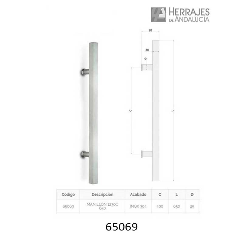 Manillón cuadrado 1230C inoxidable 650mm-Herrajes de Andalucía
