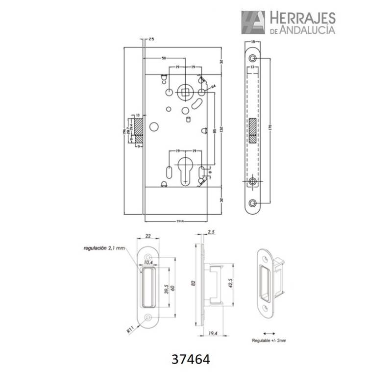 Medidas-Cerradura magnética modelo B-SMART-perfil cromo brillo-con bocallave-Herrajes de Andalucía