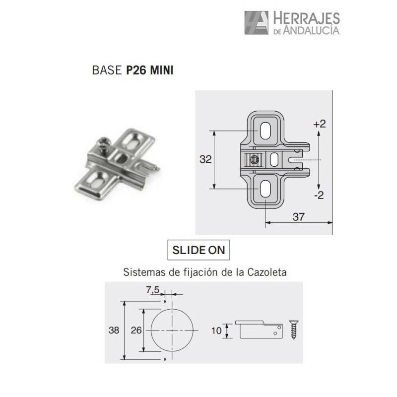 Características-Medidas-Base para bisagra Modelo Mini Slide On P26-Herrajes de Andalucía