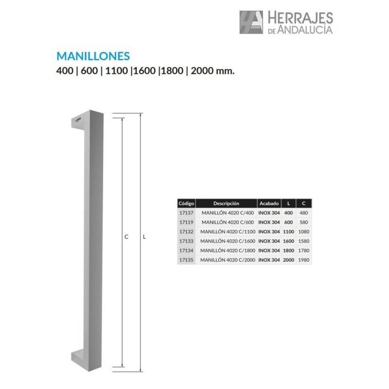 Manillón Cuadrado 4020 Inox 1800 mm | Herrajes de Andalucía