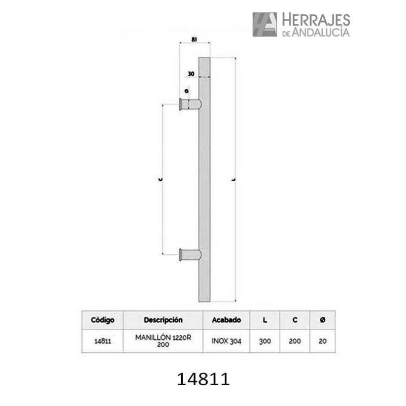 Manillón inox 300 mm para corredera | Herrajes Andalucía