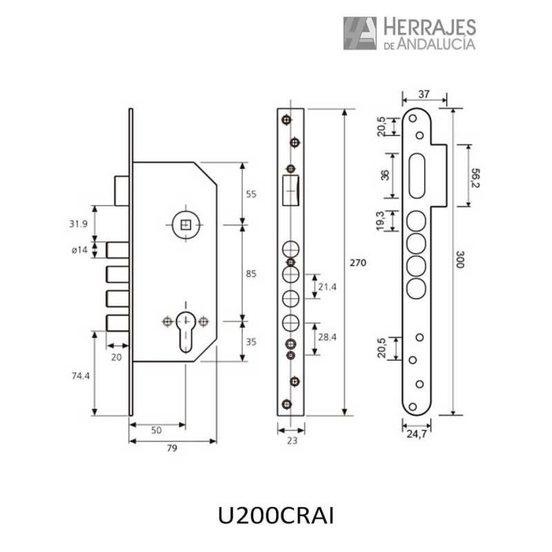 Cerradura seguridad 4 bulones U200 acero inoxidable-Herrajes de Andalucía