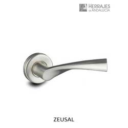 Zeus Manivelas • León - Manilla para puerta, de aluminio en níquel satinado  con roseta tapa pomo 64 mm