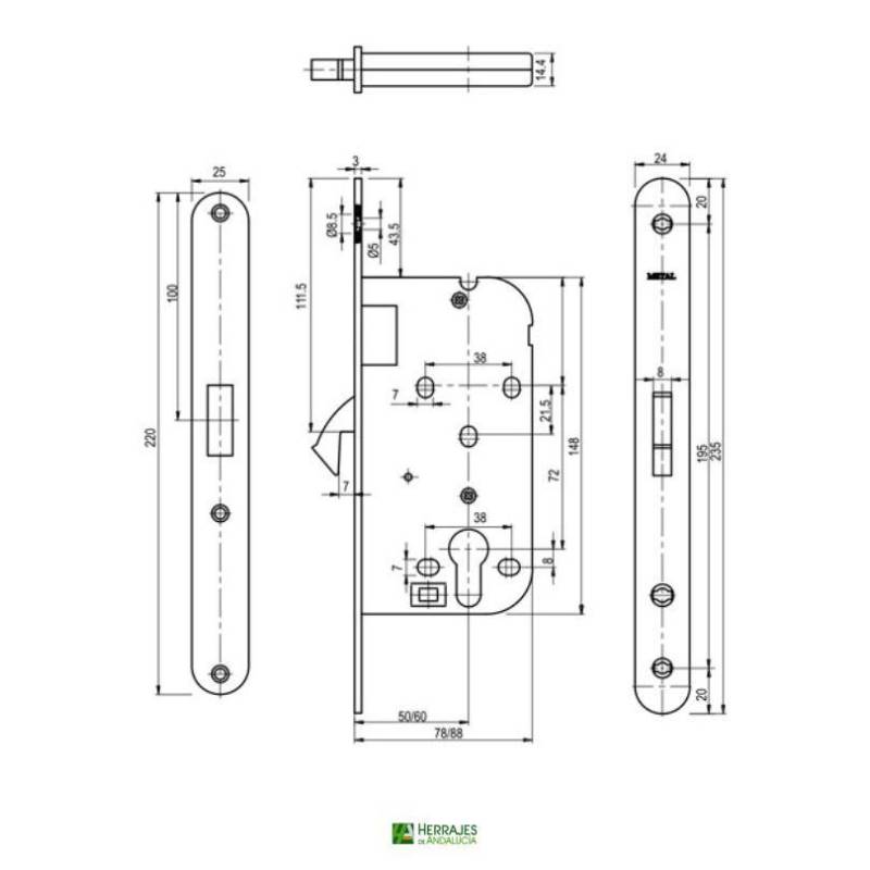 Cerradura embutir gancho 50mm acero inox | Herrajes de Andalucía