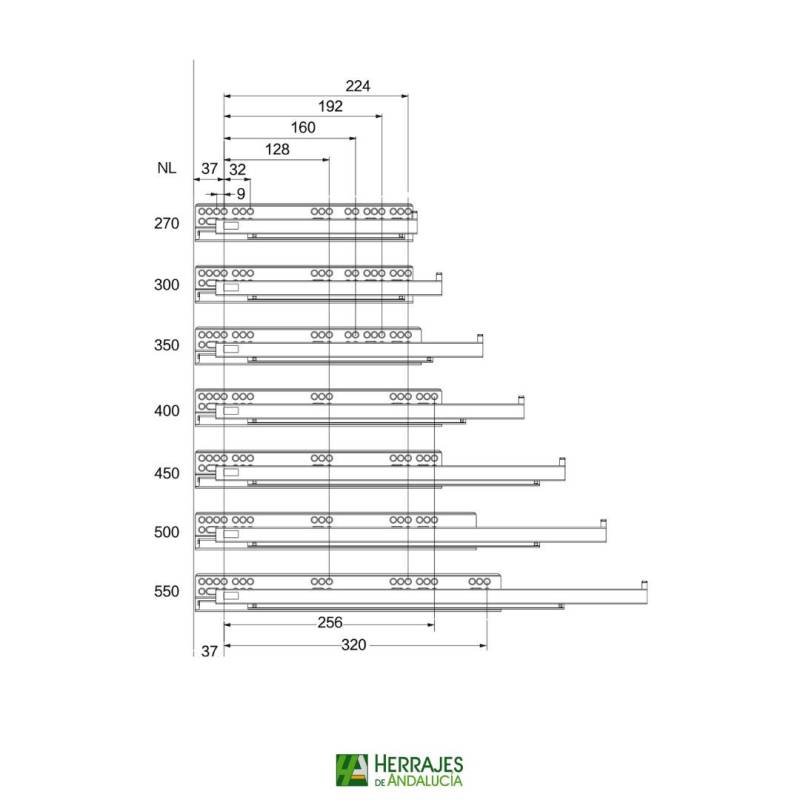Guías cajón S-Line H-185 blanco 450 mm | Herrajes de Andalucía