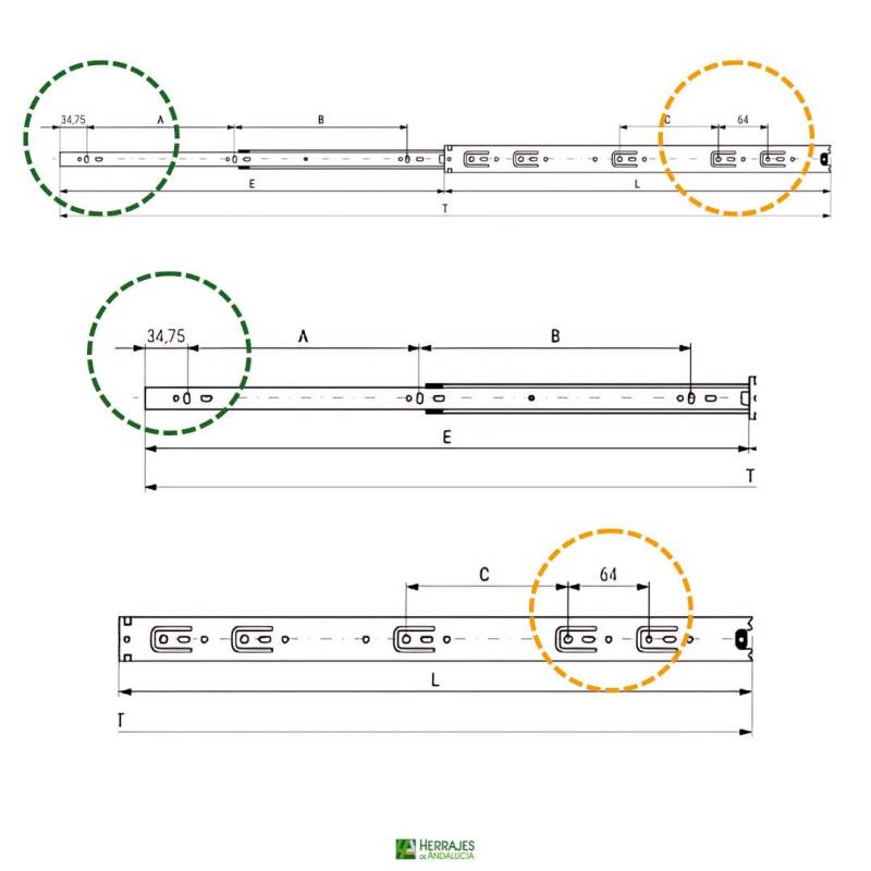 Juego guías cajón bolas extracción 900mm-Herrajes de Andalucía