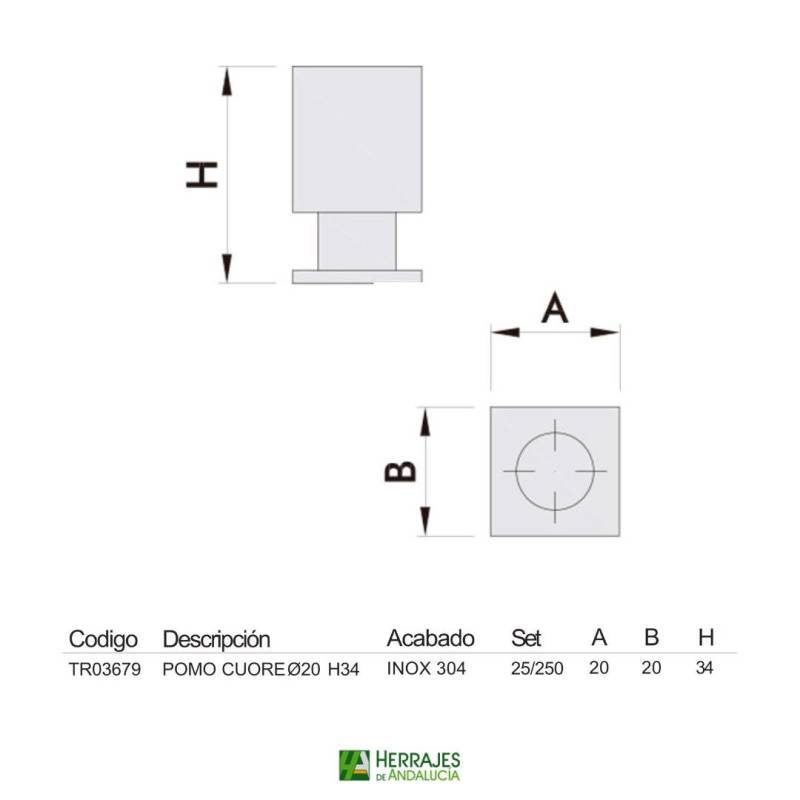 Pomo Cuore tipo Dado 20 mm H34 mm acero inoxidable | Herrajes de Andalucía