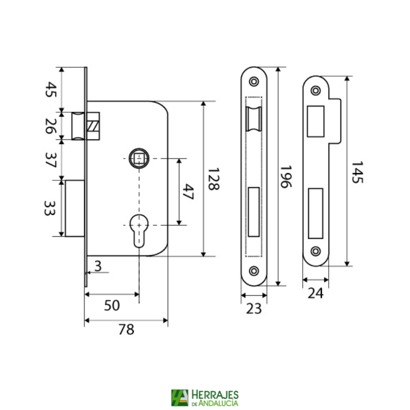 Cerradura embutir 40mm U10P canto redondo| Herrajes de Andalucía