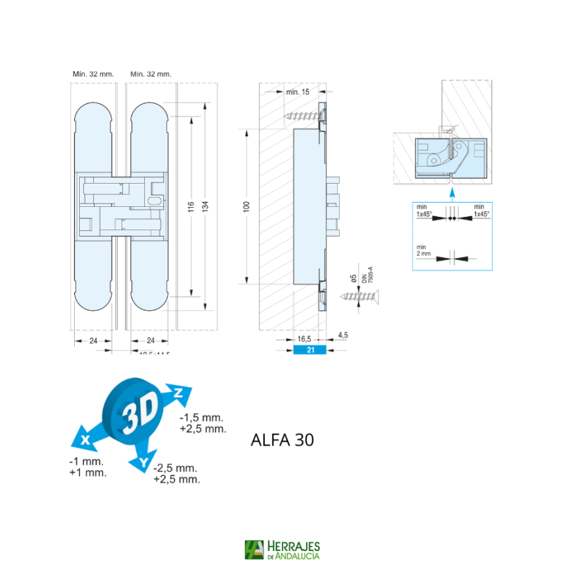 Medidas-Bisagra Modelo ALFA30 invisible reversible-Herrajes de Andalucía