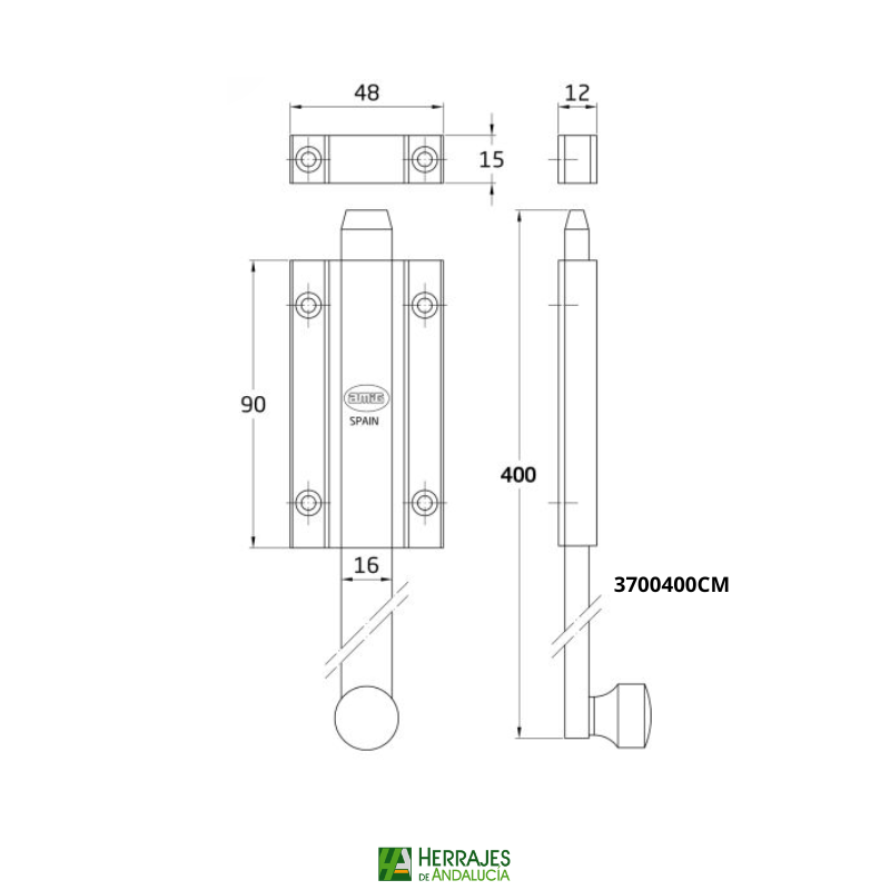 Medidad-Pasador sobreponer para puertas de 400mm cromado mate-Herrajes de Andalucía