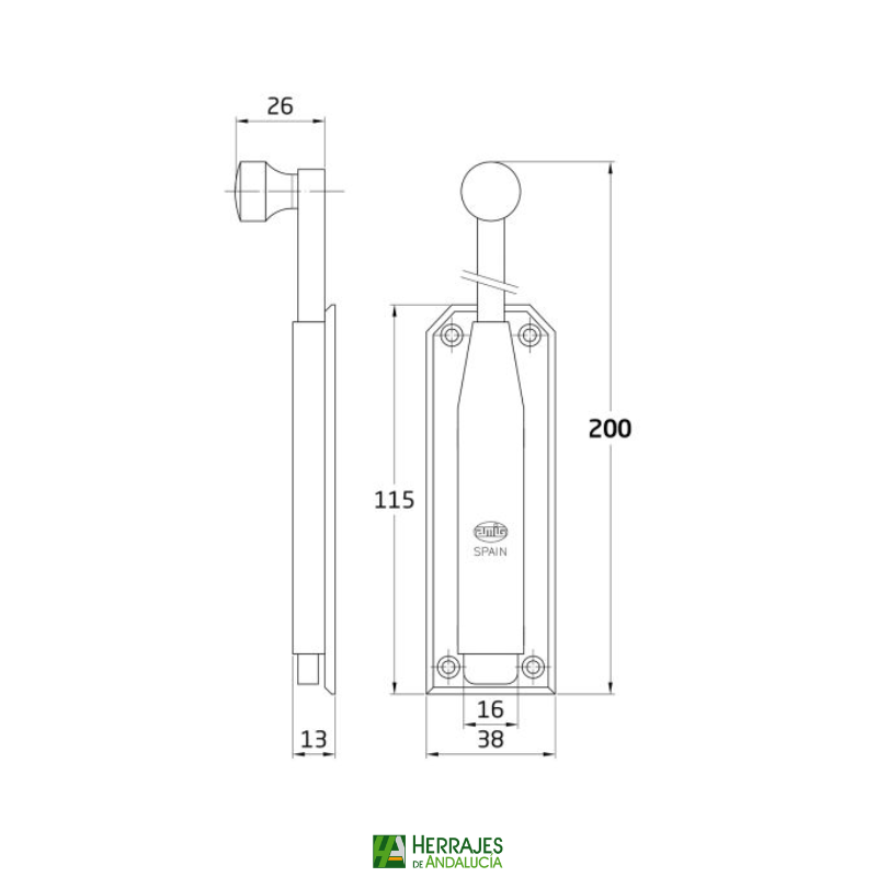 Medidas-Pasador sobreponer 200mm latonado barnizado marca Amig-Herrajes de Andalucía