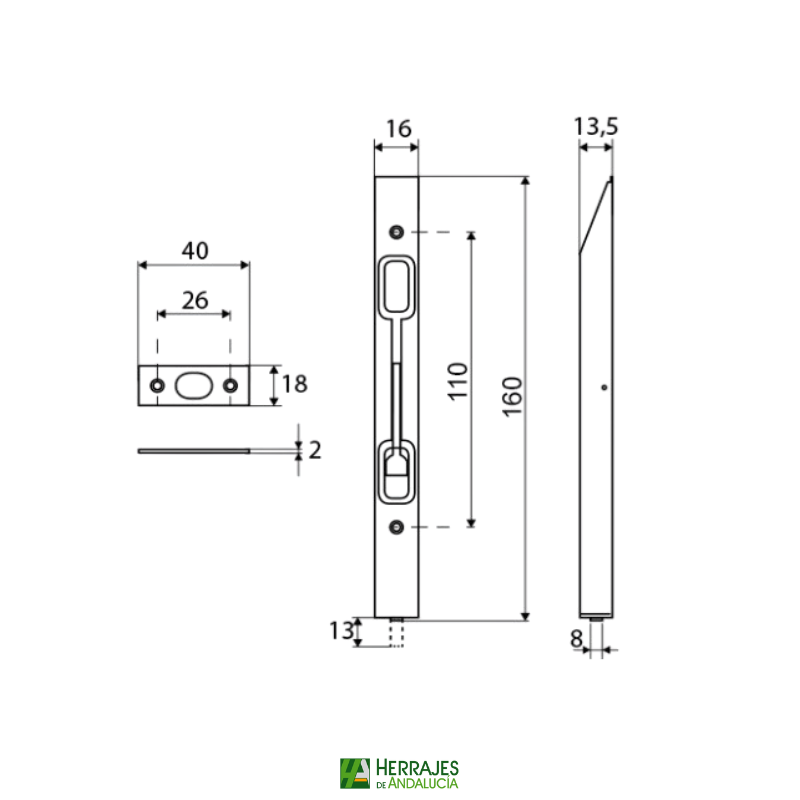 Medidas-Pasador negro Modelo 401 de embutir marca amig-Herrajes de Andalucía