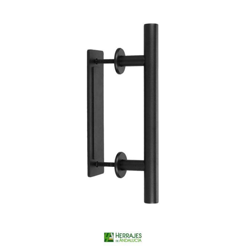 Manillón puerta corredera con placa y roseta color negra-Herrajes de Andalucía