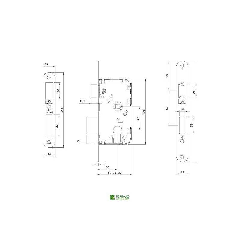 Medidas-Cerradura embutir reversible con cilindro I5 60cm-Herrajes de Andalucía