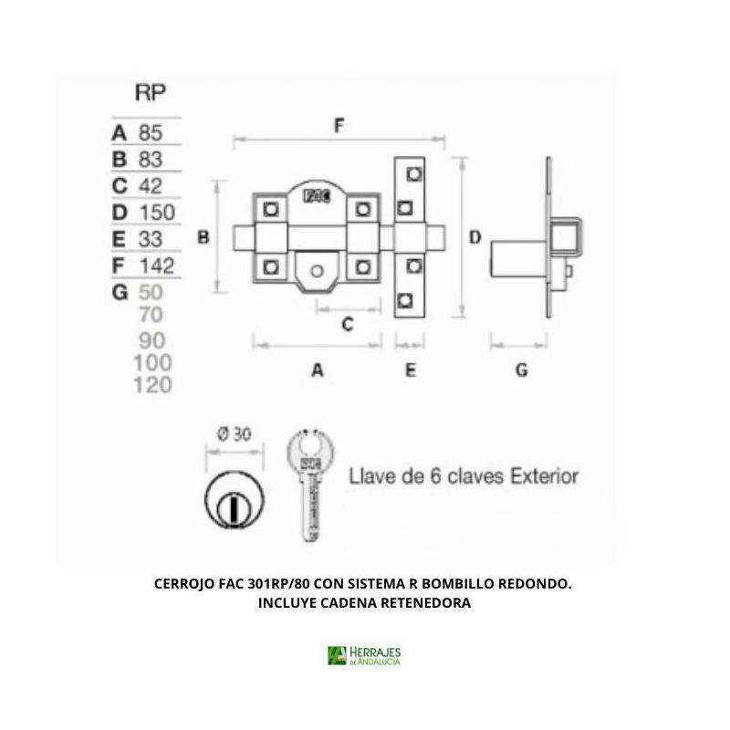Cerrojo FAC 301RP/80 Sistema R Bombillo Redondo + Cadena | Herrajes de Andalucía
