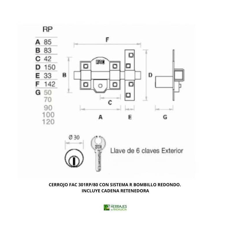 Cerrojo Seguridad FAC 301RP/80 HN Bombillo 70 mm | Herrajes de Andalucía
