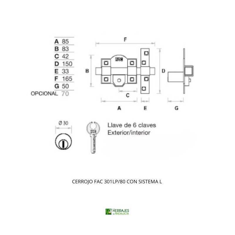 Cerrojo FAC 301LP/80 Dorado Sistema L | Herrajes Andalucía