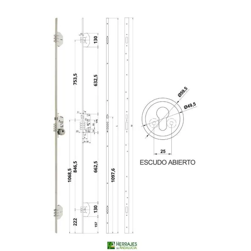Medidas-Cerradura seguridad serie I-23 cerradero largo con cilindro 35x35mm-Herrajes de Andalucía