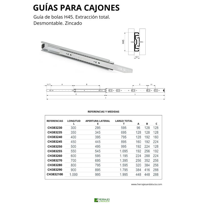 Juego Guías Cajón 600mm 45kg CH3832/60 | Herrajes de Andalucía