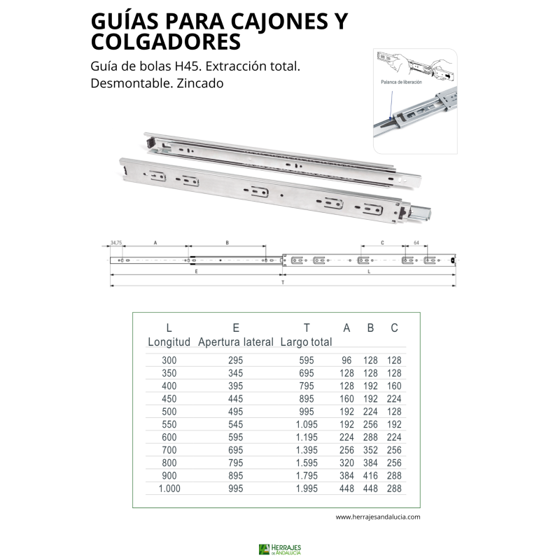 Juego Guías Cajón Bolas 350mm 45kg | Herrajes de Andalucía