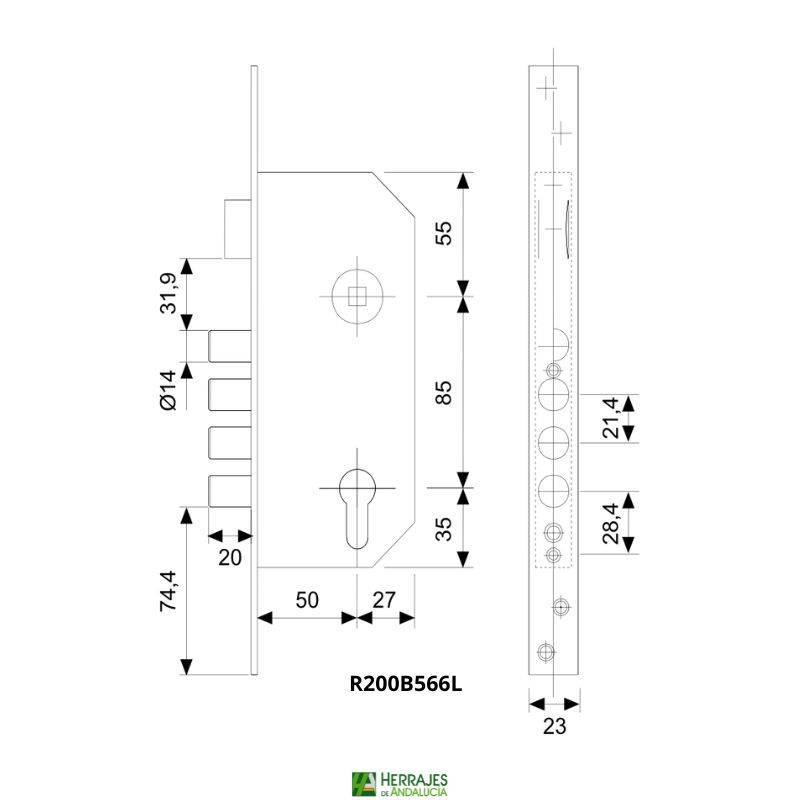 Cerradura R200B escudo E700L , cilindro T60, entrada 50 | Herrajes de Andalucía