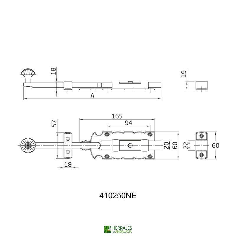 Pasador Modelo 410 negro 250 mm | Herrajes de Andalucía