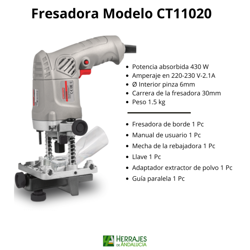 Fresadora Crown 14 mm 430 W pinza 6 mm | Herrajes de Andalucía