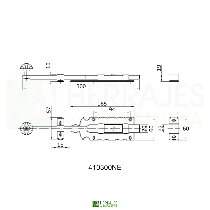 Pasador puertas sobreponer Mod. 410 medida 300mm color negro | Herrajes de Andalucía