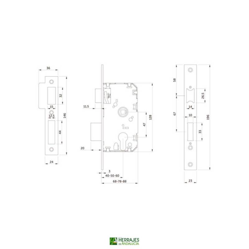 Cerradura embutir U10 entrada 50 con cilindro | Herrajes de Andalucía