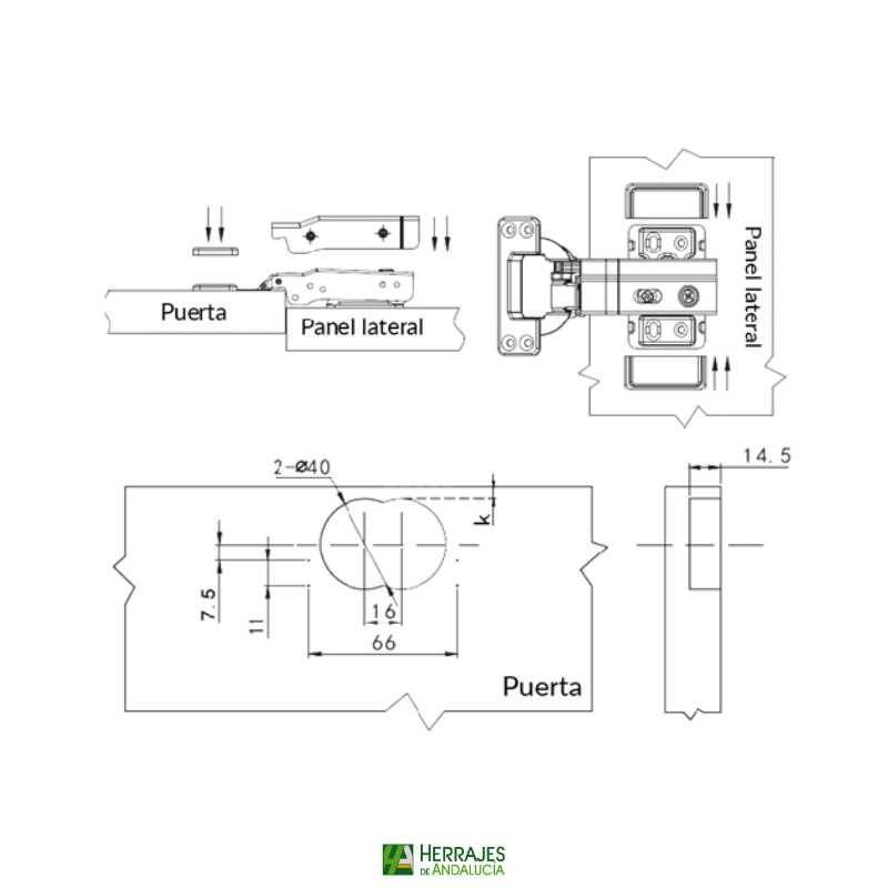 Bisagra cazoleta acodada gran carga 50kg | Herrajes de Andalucía
