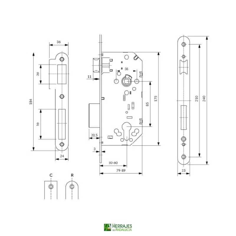 Cerradura embutir reversible con cilindro I5 60mm | Herrajes de Andalucía